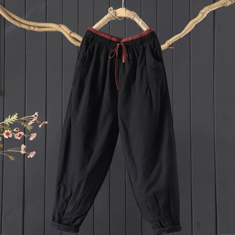 Pantalones gruesos de algodón y poliéster con diseño de bloques de color liso y bolsillos para mujer de Buddha Stones - Negro - US12, UK/AU16, EU44 (3XL) - image 1