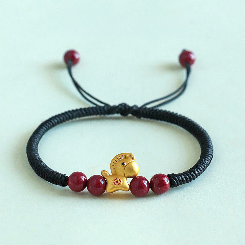 Pulsera trenzada de la suerte con cuentas de cinabrio y Buddha Stones del Año del Caballo en plata de ley 999 - Caballo dorado de cuerda negra (circunferencia de la muñeca: 14-18 cm) - image 10