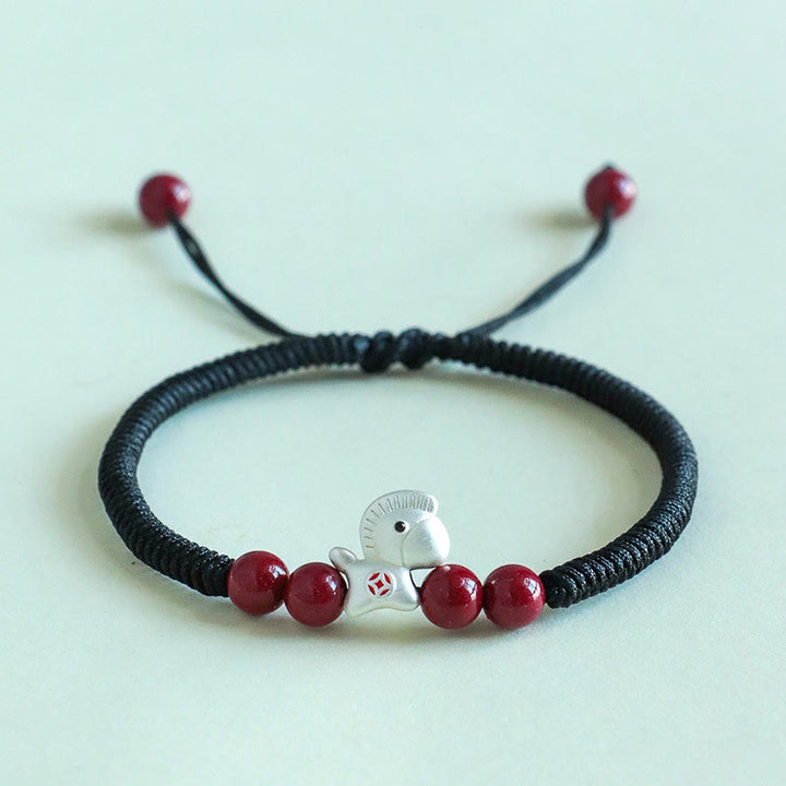 Pulsera trenzada de la suerte con cuentas de cinabrio y Buddha Stones del Año del Caballo en plata de ley 999 - Caballo plateado de cuerda negra (circunferencia de la muñeca: 14-18 cm) - image 17