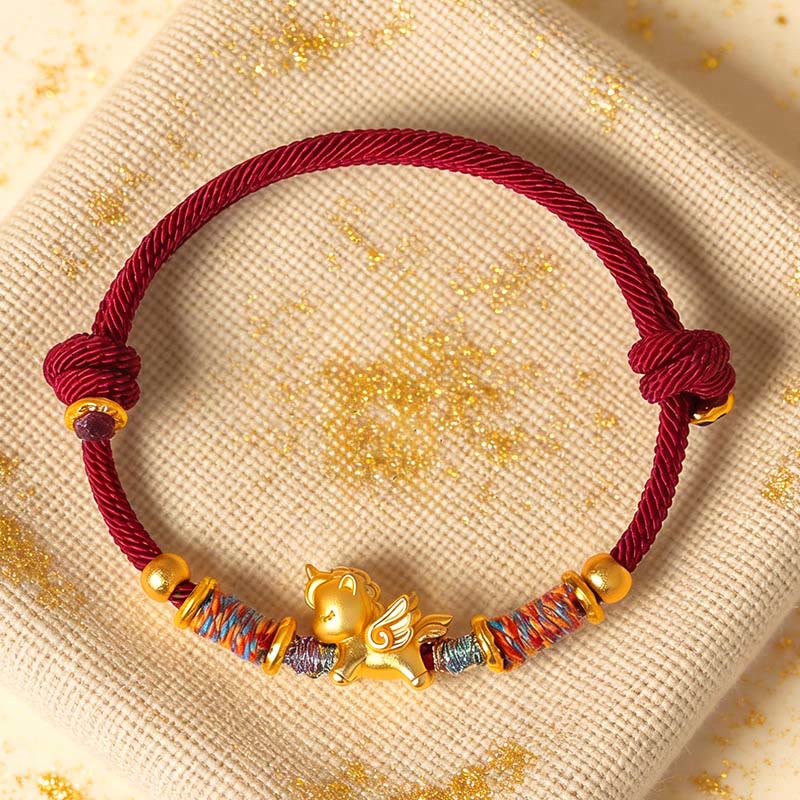 Pulsera de cuerda trenzada con Buddha Stones del Año del Caballo, plata de ley 999 bañada en oro - image 0