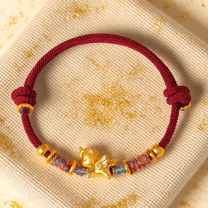 Pulsera de cuerda trenzada con Buddha Stones del Año del Caballo, plata de ley 999 bañada en oro - image 0