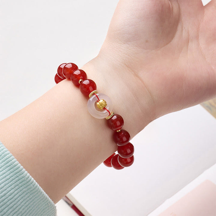 Pulsera de confianza con Buddha Stones, zodíaco chino, año del Caballo, hebilla de paz, ágata roja, calcedonia blanca - image 4