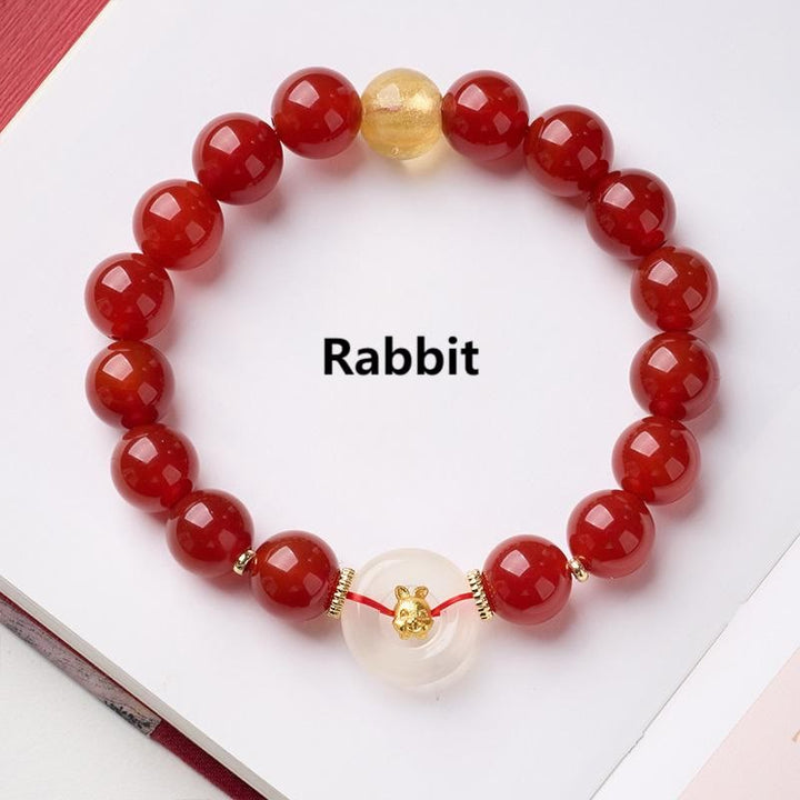 Pulsera de confianza con Buddha Stones, zodíaco chino, año del Caballo, hebilla de paz, ágata roja, calcedonia blanca - Conejo - image 16