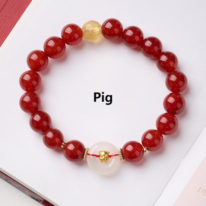 Pulsera de confianza con Buddha Stones, zodíaco chino, año del Caballo, hebilla de paz, ágata roja, calcedonia blanca - Cerdo - image 31