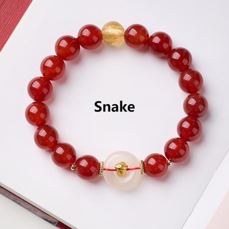Pulsera de confianza con Buddha Stones, zodíaco chino, año del Caballo, hebilla de paz, ágata roja, calcedonia blanca - Serpiente - image 20
