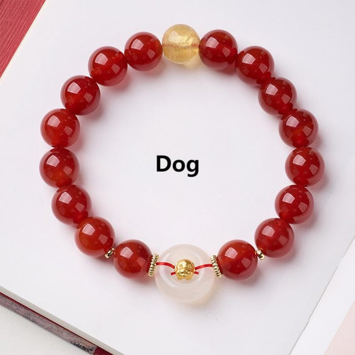 Pulsera de confianza con Buddha Stones, zodíaco chino, año del Caballo, hebilla de paz, ágata roja, calcedonia blanca - Perro - image 29