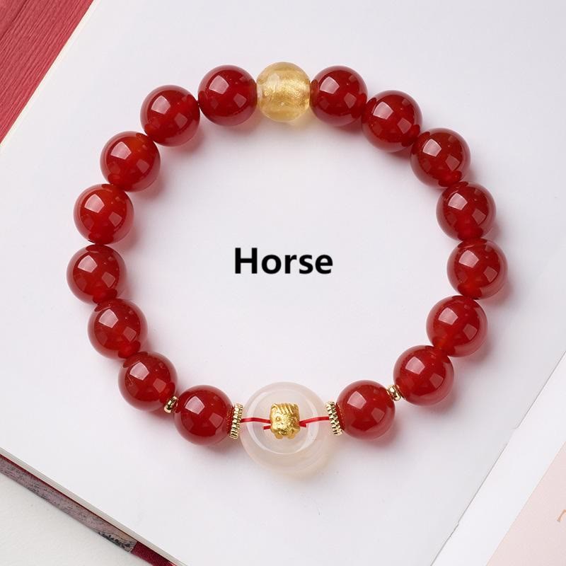 Pulsera de confianza con Buddha Stones, zodíaco chino, año del Caballo, hebilla de paz, ágata roja, calcedonia blanca - image 1