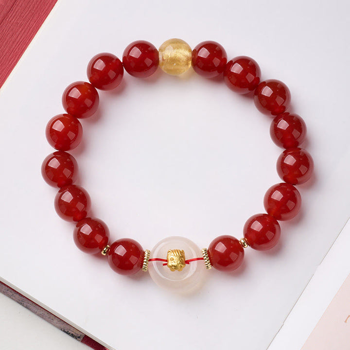 Pulsera de confianza con Buddha Stones, zodíaco chino, año del Caballo, hebilla de paz, ágata roja, calcedonia blanca - Caballo - image 0