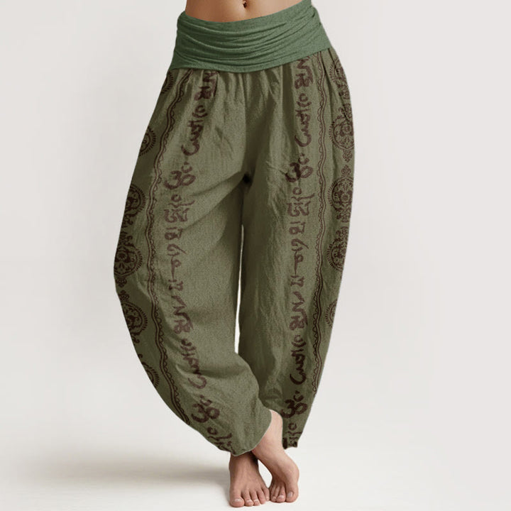 Pantalón tipo harem de cintura elástica para mujer con mandala de algodón con Buddha Stones Om Mani Padme Hum - Verde oliva oscuro - US22，UK/AU26，EU54 (6XL) - image 4
