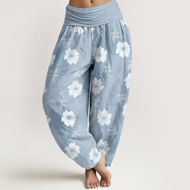 Pantalones Buddha Stones de algodón puro con flores blancas y hierba para mujer, cintura elástica - Azul cielo claro - US16，UK/AU20，EU48 (3XL) - image 0