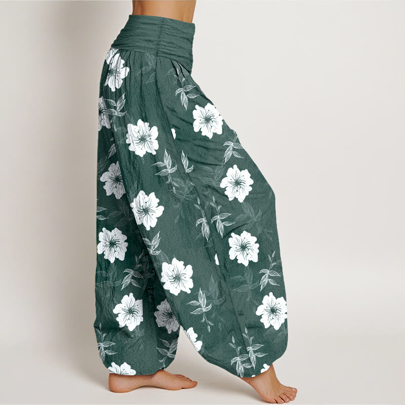 Pantalones Buddha Stones de algodón puro con flores blancas y hierba para mujer, cintura elástica - image 10