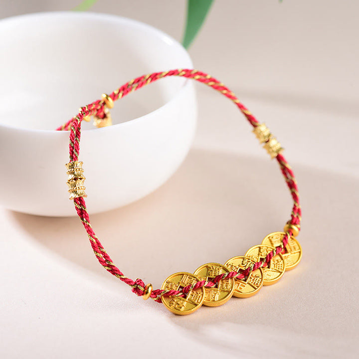 Pulsera de hilo tejido a mano con Buddha Stones y monedas de los Cinco Emperadores y equilibrio de cobre  - image 1