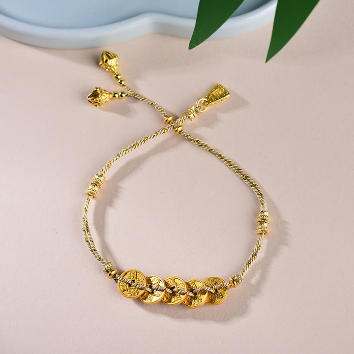 Pulsera de hilo tejido a mano con Buddha Stones y monedas de los Cinco Emperadores y equilibrio de cobre  - Monedas de los Cinco Emperadores de Oro (circunferencia de la muñeca: 16-19 cm) - image 14