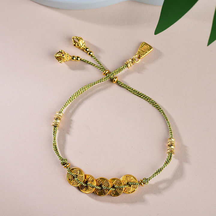 Pulsera de hilo tejido a mano con Buddha Stones y monedas de los Cinco Emperadores y equilibrio de cobre  - Monedas verdes de los Cinco Emperadores (circunferencia de la muñeca: 16-19 cm) - image 13
