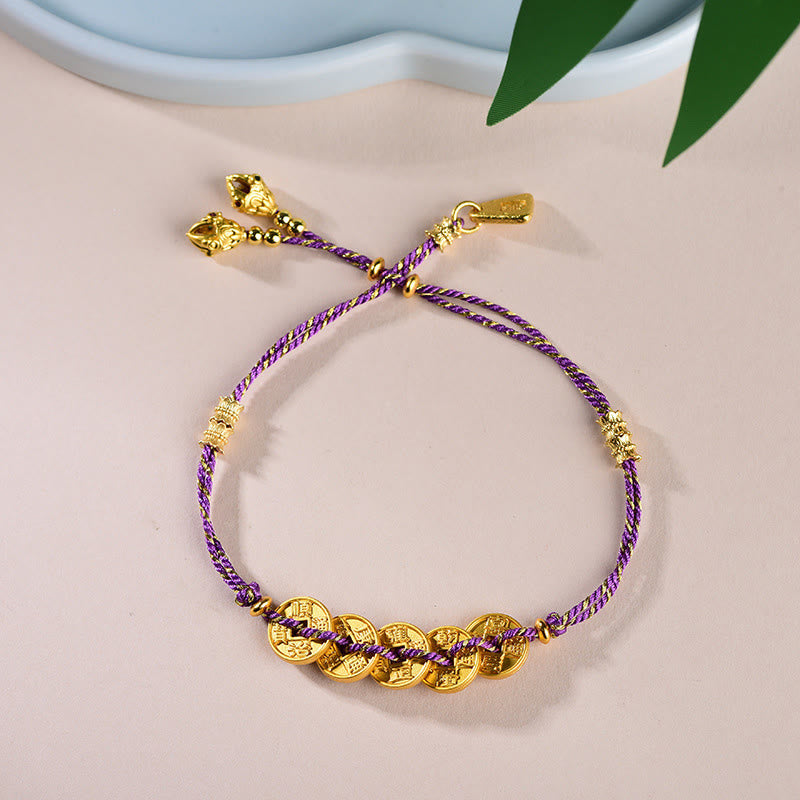Pulsera de hilo tejido a mano con Buddha Stones y monedas de los Cinco Emperadores y equilibrio de cobre  - Monedas moradas de los Cinco Emperadores (circunferencia de la muñeca: 16-19 cm) - image 15