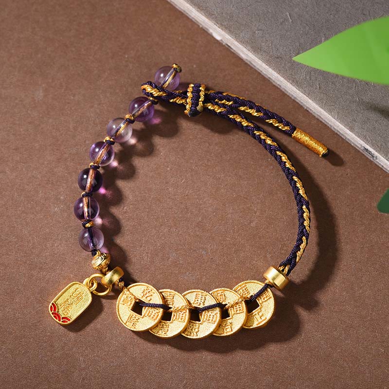 Pulsera de equilibrio para atraer la fortuna con Buddha Stones de los Cinco Emperadores, cobre, amatista, cinabrio, hilo negro y rojo. - Cuerda negra de amatista y cobre (circunferencia de la muñeca: 16-19 cm) - image 12