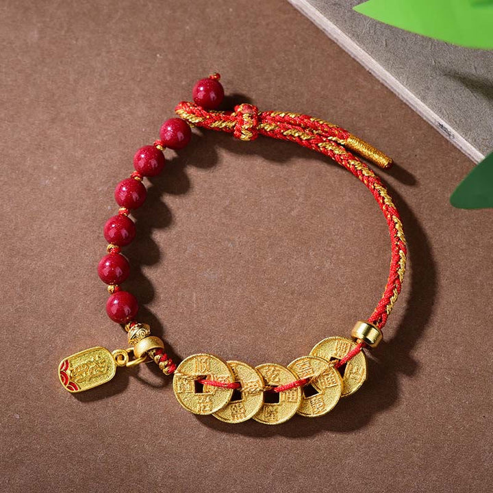 Pulsera de equilibrio para atraer la fortuna con Buddha Stones de los Cinco Emperadores, cobre, amatista, cinabrio, hilo negro y rojo. - Cuerda roja de cinabrio de cobre (circunferencia de la muñeca: 16-19 cm) - image 0