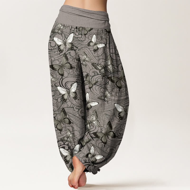 Pantalones Buddha Stones de algodón puro con diseño de mariposas grises y negras para mujer, con cintura elástica - image 1