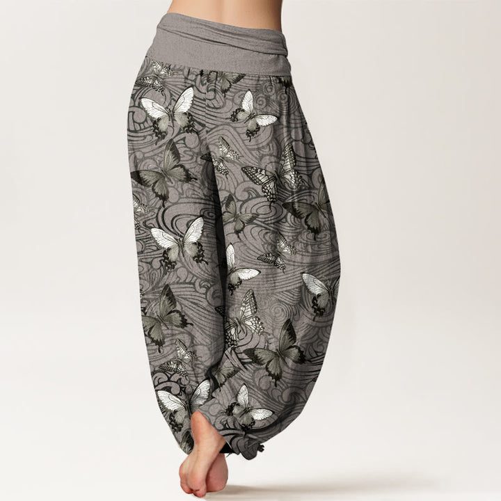 Pantalones Buddha Stones de algodón puro con diseño de mariposas grises y negras para mujer, con cintura elástica - image 1