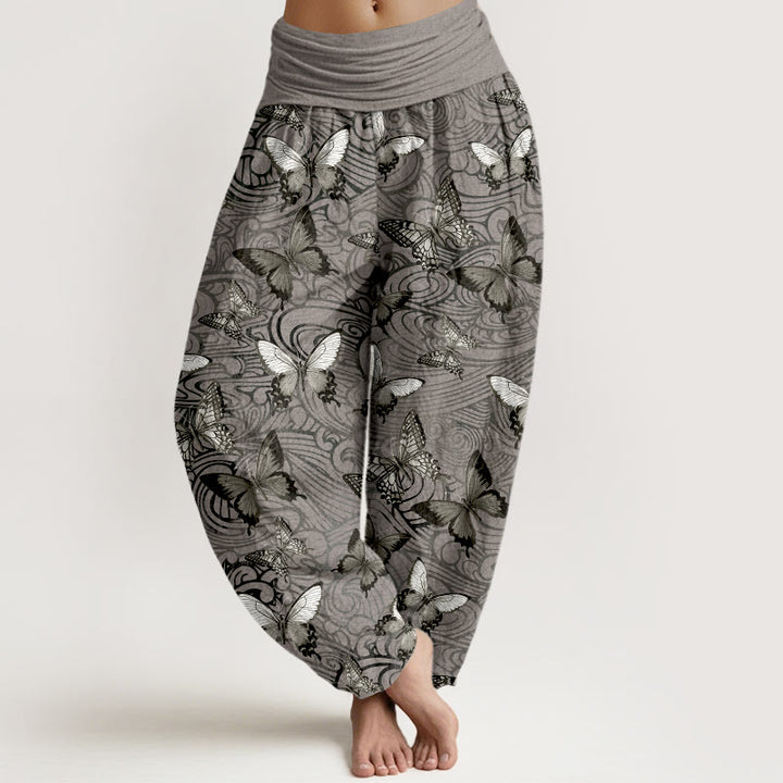 Pantalones Buddha Stones de algodón puro con diseño de mariposas grises y negras para mujer, con cintura elástica - Gris oscuro - US16，UK/AU20，EU48 (3XL) - image 0