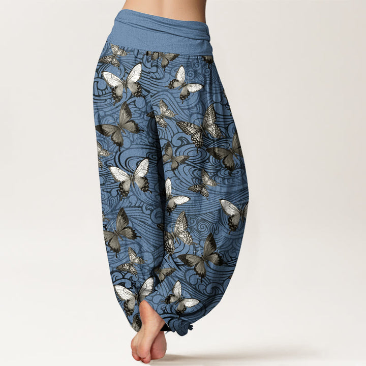 Pantalones Buddha Stones de algodón puro con diseño de mariposas grises y negras para mujer, con cintura elástica - image 6