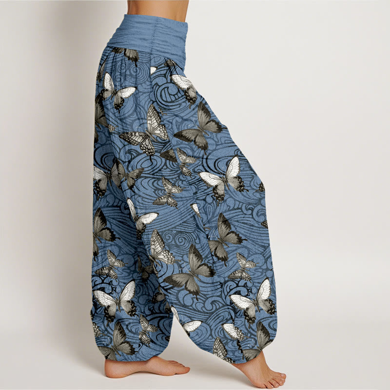 Pantalones Buddha Stones de algodón puro con diseño de mariposas grises y negras para mujer, con cintura elástica - image 7