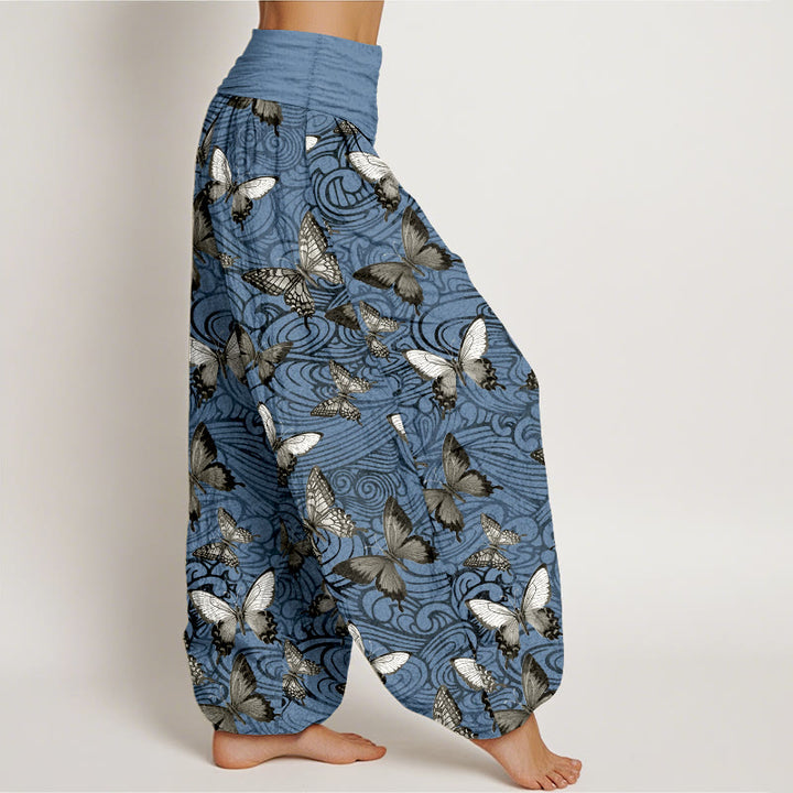 Pantalones Buddha Stones de algodón puro con diseño de mariposas grises y negras para mujer, con cintura elástica - image 7