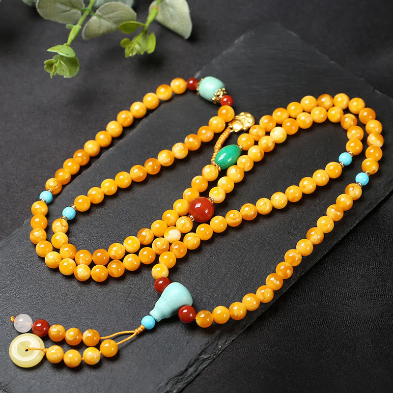 Buddha Stones Mala de ámbar con 108 cuentas y hebilla de paz para la suerte y la fortuna. - 10 mm - image 0