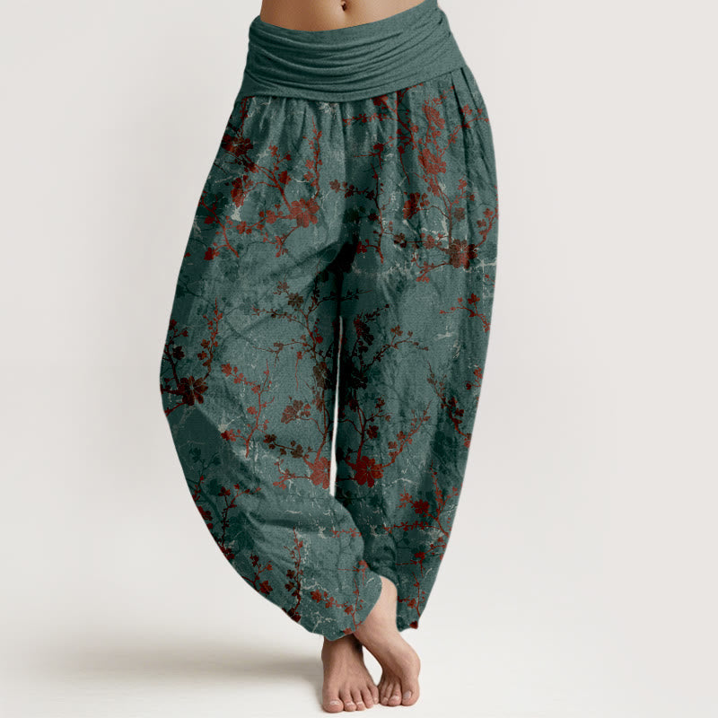 Pantalones harén de algodón puro con diseño de Buddha Stones, flores, ramas y hojas para mujer, con cintura elástica - Azul cadete - US16，UK/AU20，EU48 (3XL) - image 0
