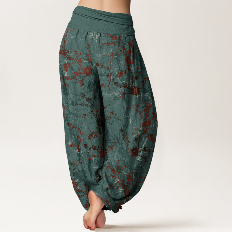 Pantalones harén de algodón puro con diseño de Buddha Stones, flores, ramas y hojas para mujer, con cintura elástica - image 1