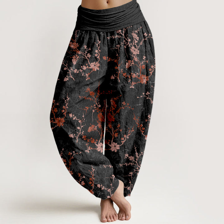 Pantalones harén de algodón puro con diseño de Buddha Stones, flores, ramas y hojas para mujer, con cintura elástica - Negro - US16，UK/AU20，EU48 (3XL) - image 5