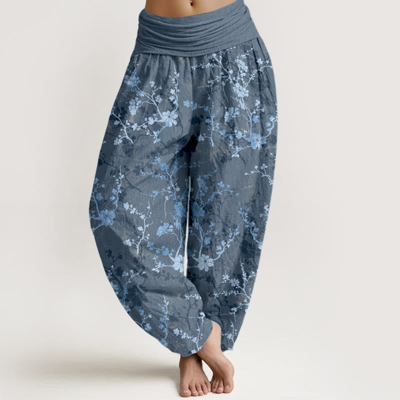 Pantalones harén de algodón puro con diseño de Buddha Stones, flores, ramas y hojas para mujer, con cintura elástica - Azul claro - US16，UK/AU20，EU48 (3XL) - image 8