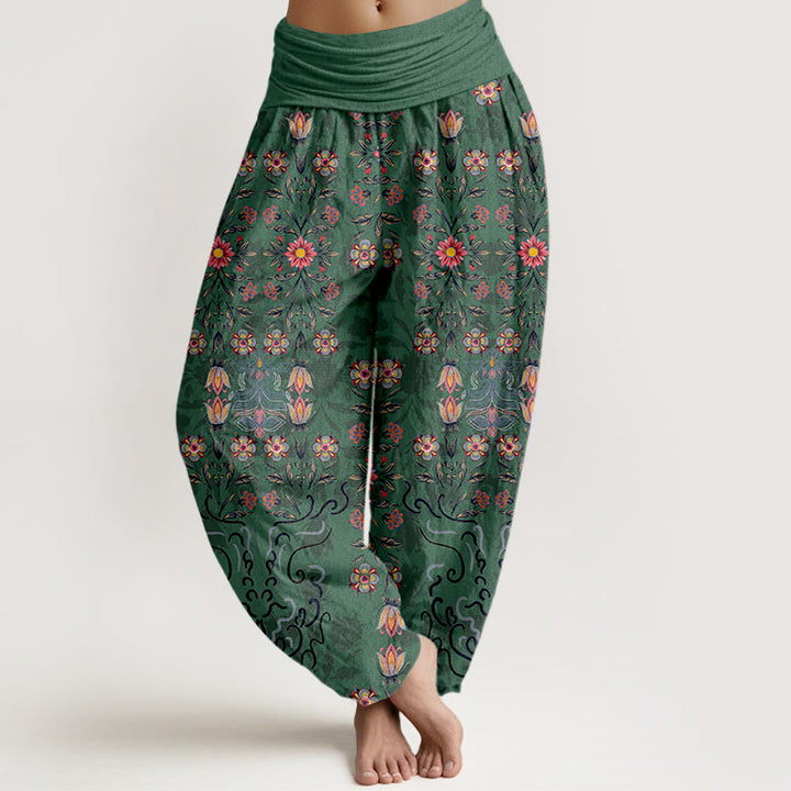 Pantalones Buddha Stones de algodón puro con estampado floral multicolor para mujer, cintura elástica - Verde mar medio - US16，UK/AU20，EU48 (3XL) - image 0