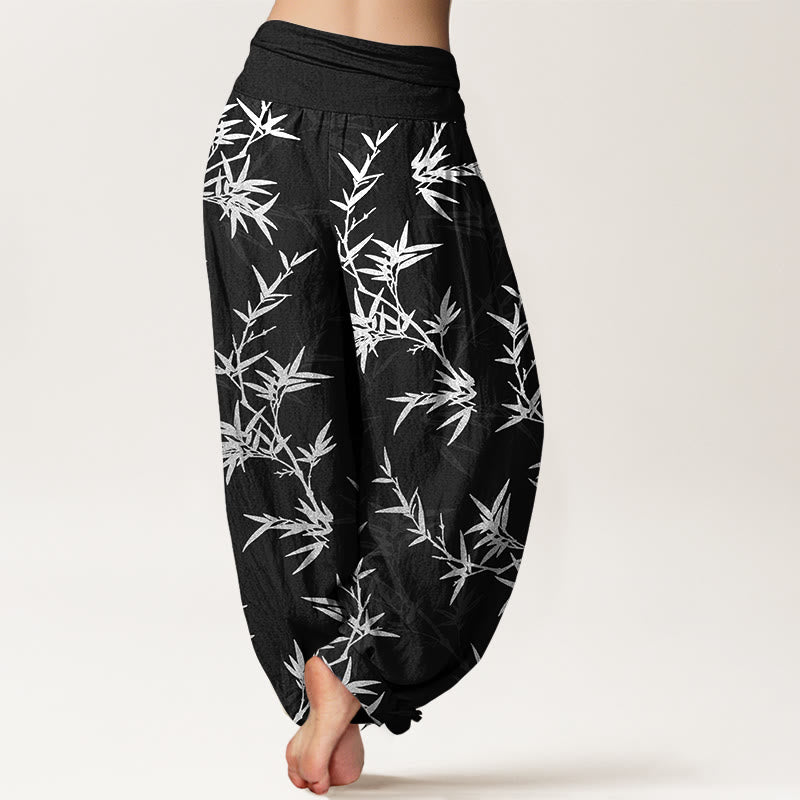 Pantalones harén de cintura elástica para mujer con hojas de bambú blancas y algodón puro Buddha Stones - image 1