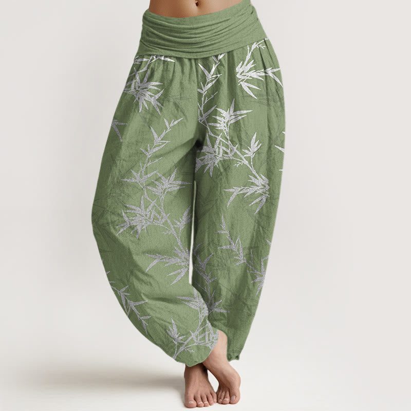 Pantalones harén de cintura elástica para mujer con hojas de bambú blancas y algodón puro Buddha Stones - Verde claro - US16，UK/AU20，EU48 (3XL) - image 8