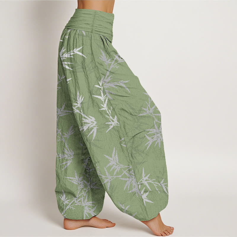 Pantalones harén de cintura elástica para mujer con hojas de bambú blancas y algodón puro Buddha Stones - image 10