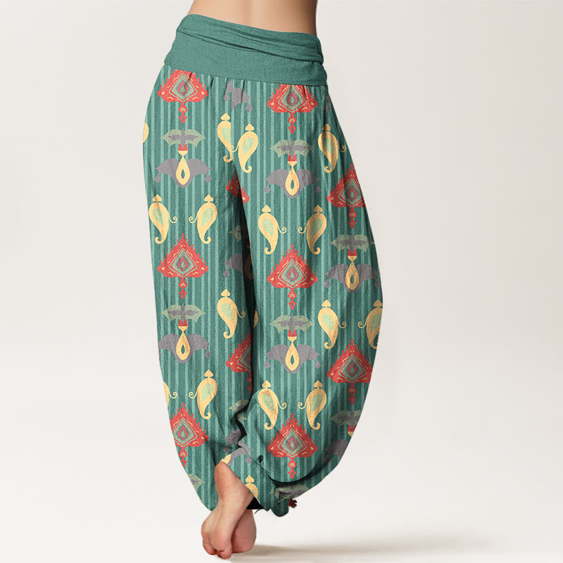 Pantalones Buddha Stones de algodón puro con diseño de triángulos, llamas y formas geométricas, con plumas, para mujer, con cintura elástica - image 1