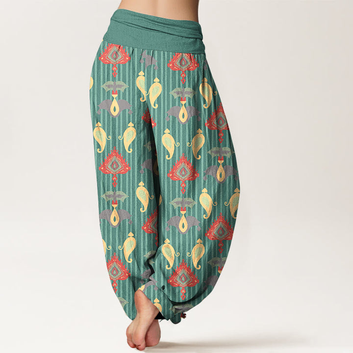 Pantalones Buddha Stones de algodón puro con diseño de triángulos, llamas y formas geométricas, con plumas, para mujer, con cintura elástica - image 1