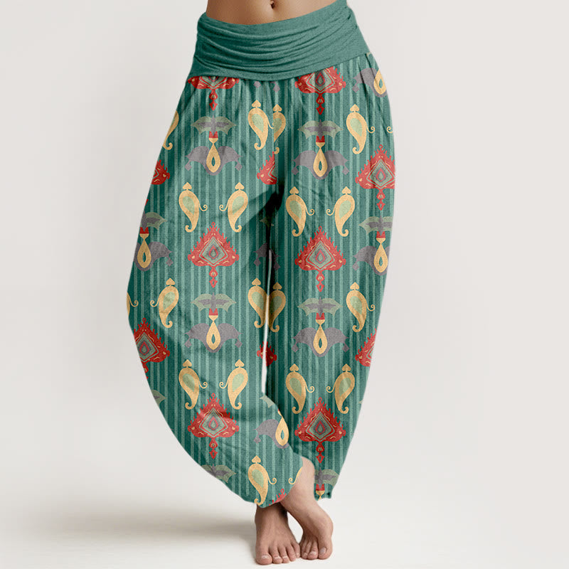 Pantalones Buddha Stones de algodón puro con diseño de triángulos, llamas y formas geométricas, con plumas, para mujer, con cintura elástica - Aguamarina mediana - US16，UK/AU20，EU48 (3XL) - image 0