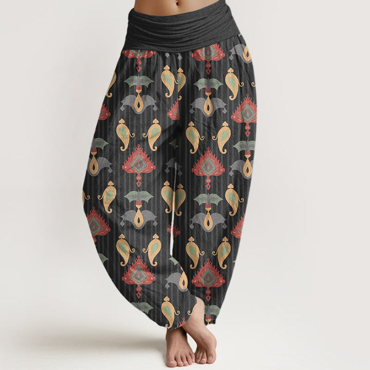 Pantalones Buddha Stones de algodón puro con diseño de triángulos, llamas y formas geométricas, con plumas, para mujer, con cintura elástica - Negro - US16，UK/AU20，EU48 (3XL) - image 5