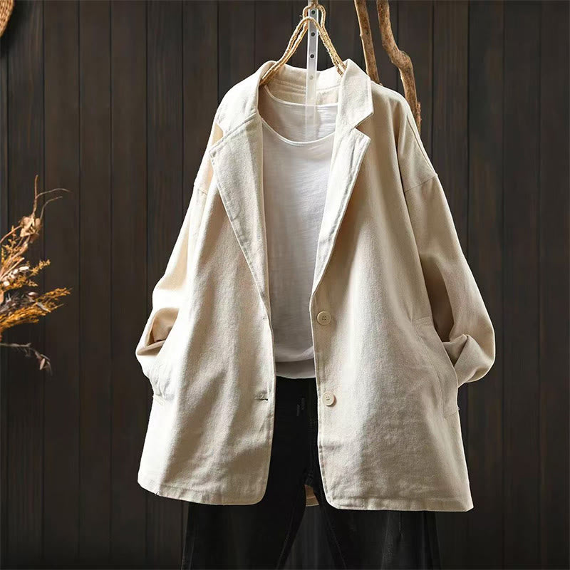 Chaqueta de mujer de manga larga, media, con bolsillos, botones, cuello de solapa y estampado de Buddha Stones para primavera y otoño. - Lino - US4-8/10, UK/AU8-12/14, EU36-40/42 (F) - image 14