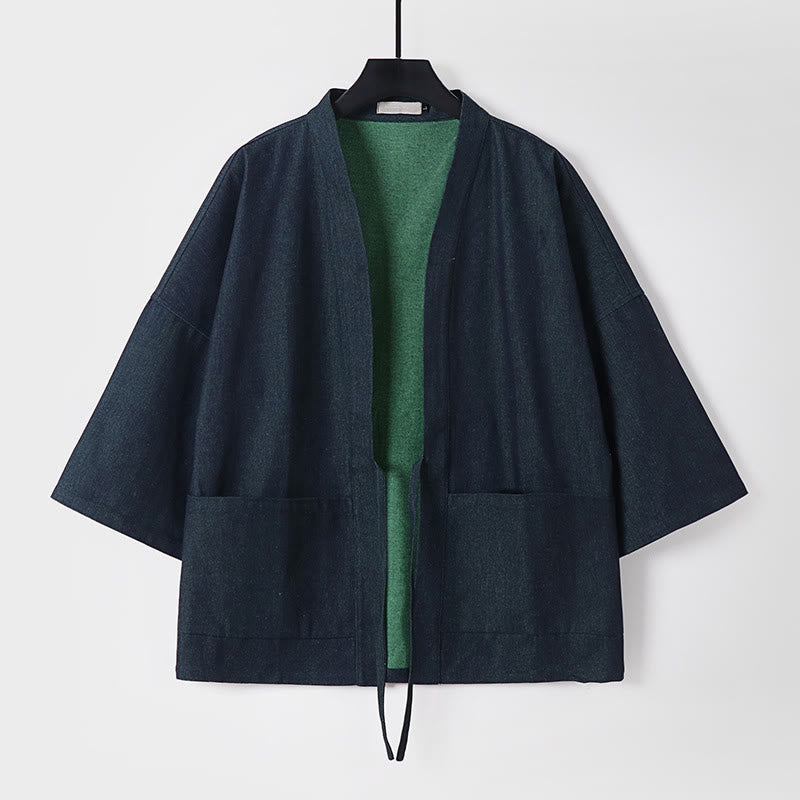 Chaqueta estilo kimono de algodón vaquero para hombre con mangas tres cuartos, abertura frontal y cordones de Buddha Stones - Negro - US/UK/AU54, EU64 (9XL) - image 0