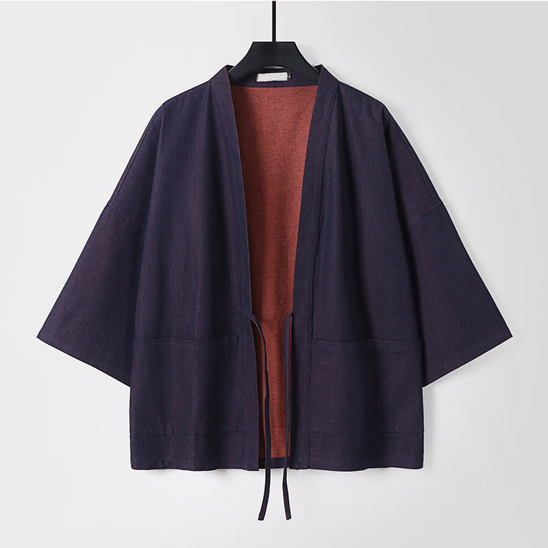 Chaqueta estilo kimono de algodón vaquero para hombre con mangas tres cuartos, abertura frontal y cordones de Buddha Stones - Azul acero - US/UK/AU54, EU64 (9XL) - image 1