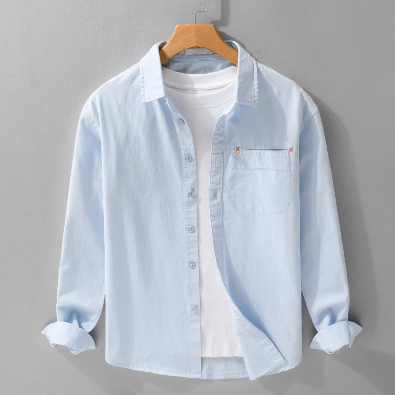 Camisa de algodón de manga larga para hombre con cuello alto y bolsillos decorativos, con botones sólidos y estampado de Buddha Stones Spring - Azul claro - US/UK/AU42, EU52 (3XL) - image 0