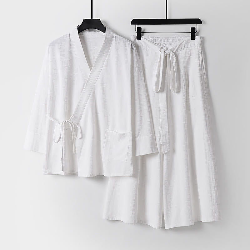 Conjunto de 2 piezas de kimono de algodón con cordones y pantalones anchos hasta los tobillos con bolsillos para hombre , con Buddha Stones - Blanco - US/UK/AU54, EU64 (9XL) - image 17