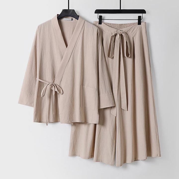 Conjunto de 2 piezas de kimono de algodón con cordones y pantalones anchos hasta los tobillos con bolsillos para hombre , con Buddha Stones - Beige - US/UK/AU54, EU64 (9XL) - image 12