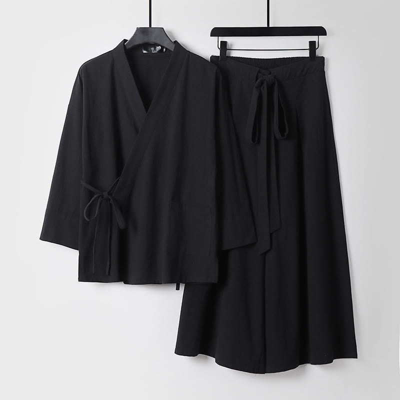 Conjunto de 2 piezas de kimono de algodón con cordones y pantalones anchos hasta los tobillos con bolsillos para hombre , con Buddha Stones - Negro - US/UK/AU54, EU64 (9XL) - image 4