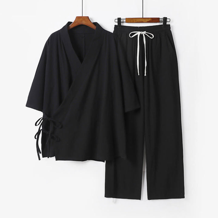 Conjunto de 2 Buddha Stones de kimono de algodón con cordones y mangas tres cuartos para hombre, con bolsillos y cordón ajustable, para meditación - Negro - US/UK/AU54, EU64 (9XL) - image 4