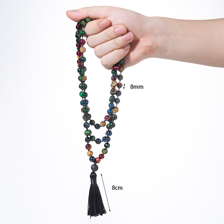 Mala de fuerza con borlas de cuentas de Buddha Stones, ojo de tigre amarillo multicolor, ojo de tigre verde, ojo de tigre azul, ojo de tigre rojo - image 4