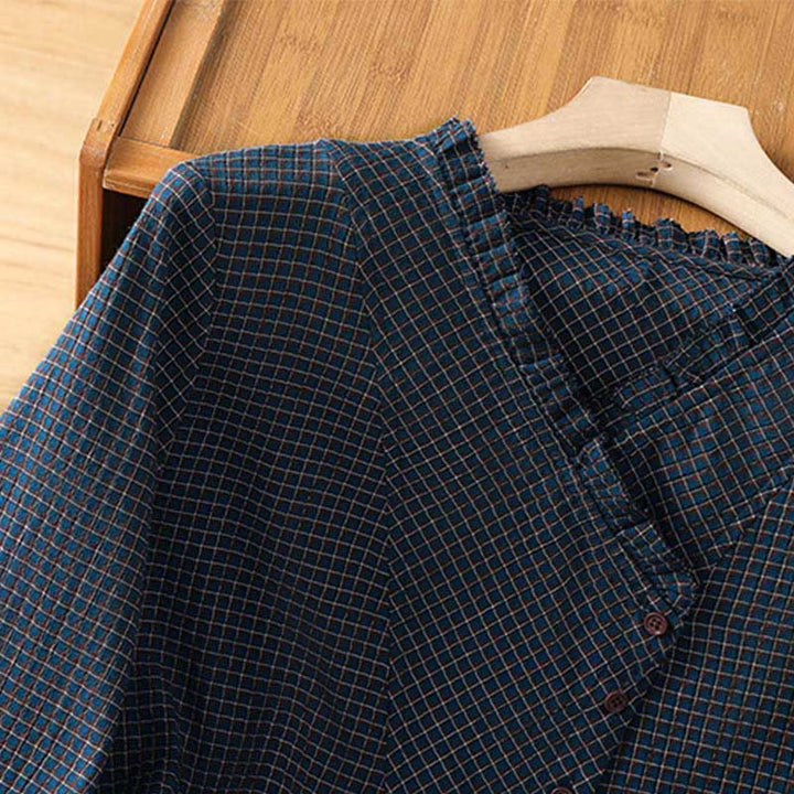 Camisa de algodón de manga larga para mujer con cuello en V y botones en azul otoñal con estampado de Buddha Stones - image 3